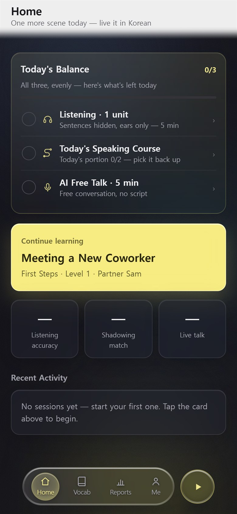 Phone screen: Home with Today's Balance — Listening, Today's Speaking Course, AI Free Talk