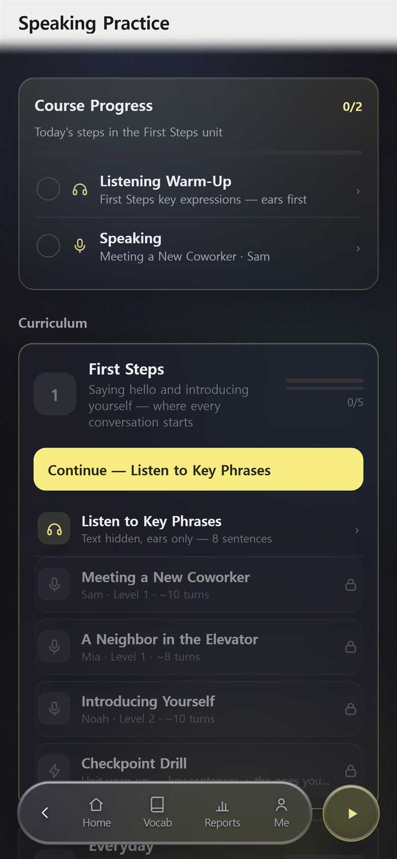 Phone screen: Speaking Practice with course progress and a curriculum of scenarios