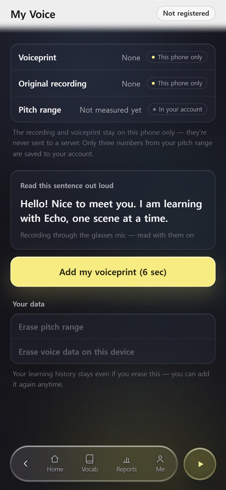 Phone screen: My Voice — register your voice with a six-second reading